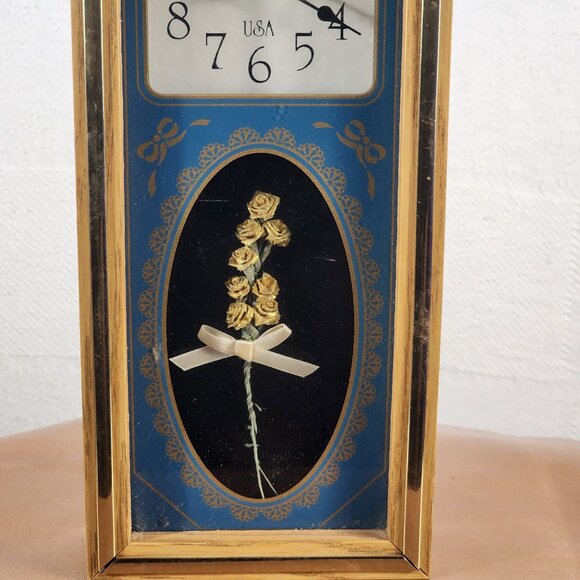 Ingraham USA Vintage Blue Gold Rose Etched Glass Quartz Analog Mantle Wall Clock - Picture 5 of 16